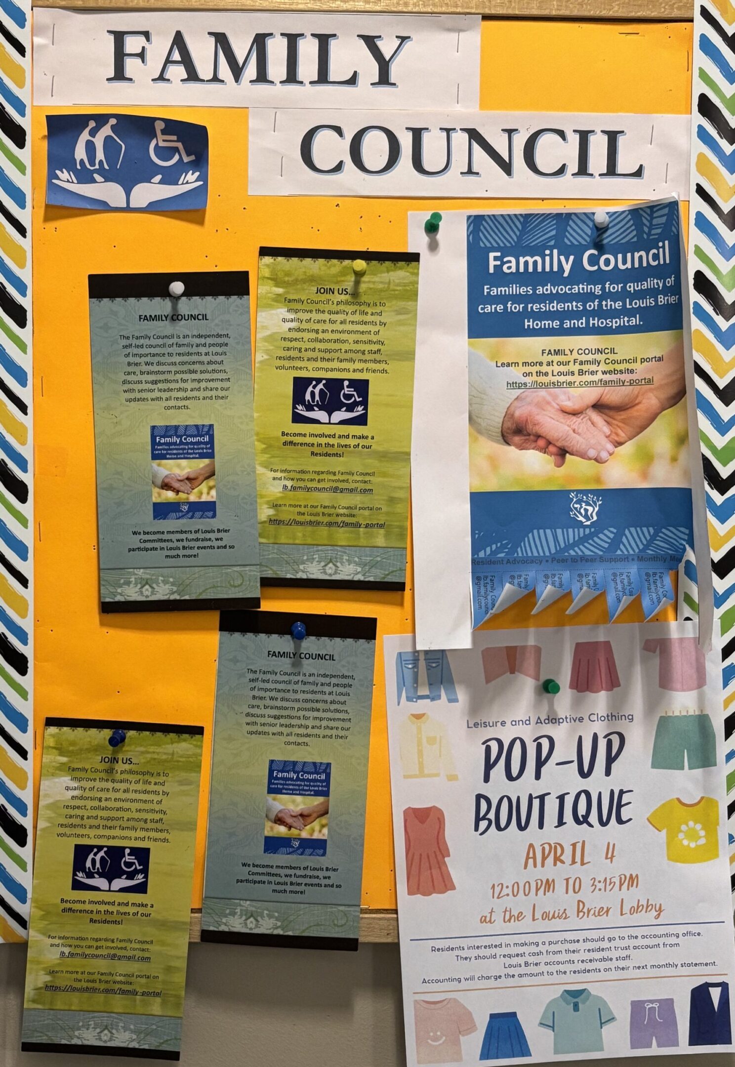 Bulletin board with family council flyers.